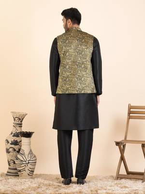 Beige velvet printed cotton jacket kurta set 2