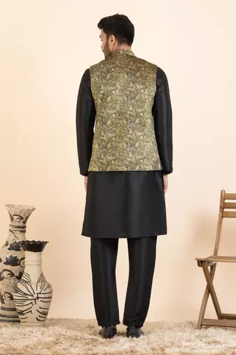 Beige velvet printed cotton jacket kurta set