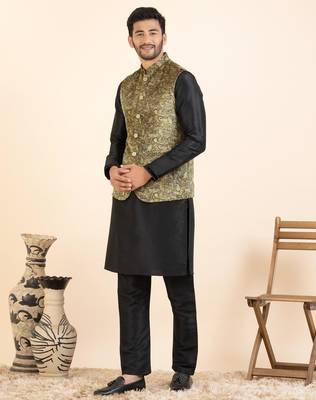 Beige velvet printed cotton jacket kurta set 4
