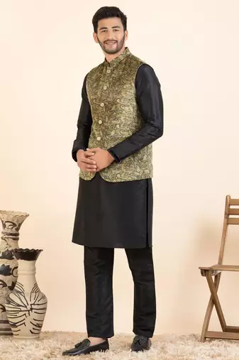 Beige velvet printed cotton jacket kurta set