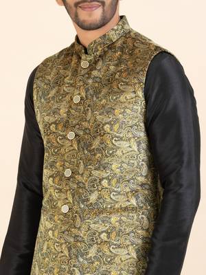 Beige velvet printed cotton jacket kurta set 5