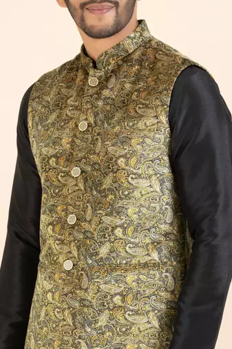 Beige velvet printed cotton jacket kurta set
