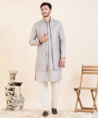 Lilac embroidered long jacket kurta set 1