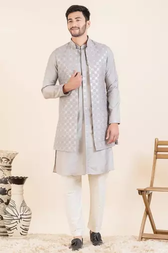 Lilac embroidered long jacket kurta set