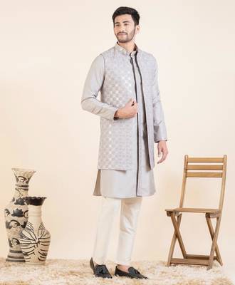 Lilac embroidered long jacket kurta set 4