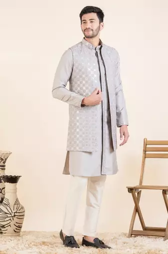 Lilac embroidered long jacket kurta set
