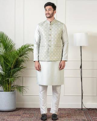 Ivory grey jacquard  jacket kurta set 1