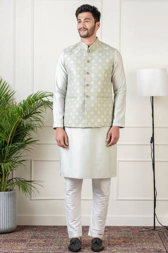 Ivory grey jacquard  jacket kurta set