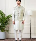 Ivory grey jacquard  jacket kurta set