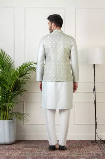 Ivory grey jacquard  jacket kurta set