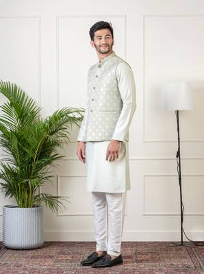 Ivory grey jacquard  jacket kurta set 4