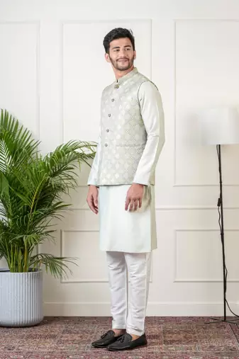 Ivory grey jacquard  jacket kurta set