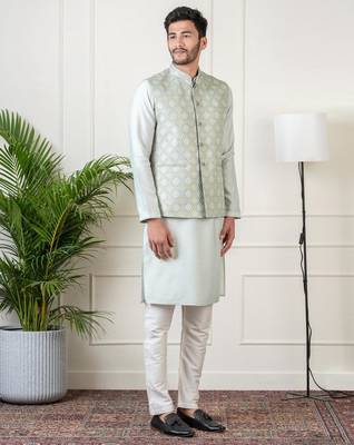 Ivory grey jacquard  jacket kurta set 5