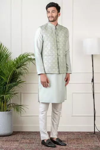 Ivory grey jacquard  jacket kurta set