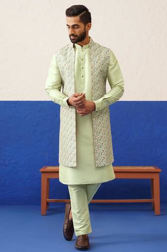 Green printed embroidered jacket kurta set