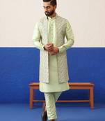 Green printed embroidered jacket kurta set