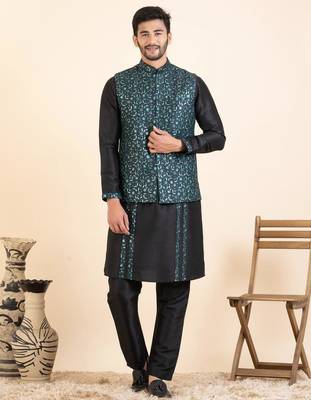 Green embroidered  jacket kurta set 1