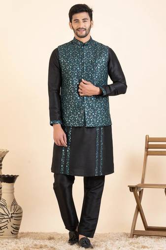 Green embroidered  jacket kurta set