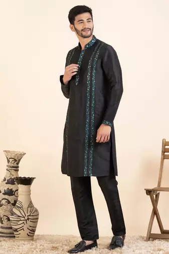 Green embroidered  jacket kurta set