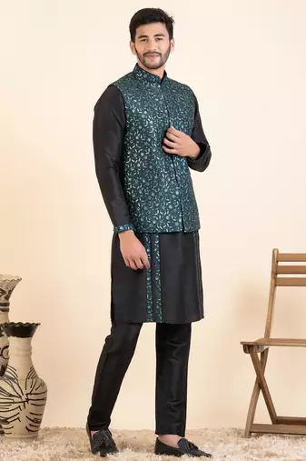 Green embroidered  jacket kurta set