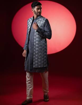 Grey embroidered long jacket kurta set 1