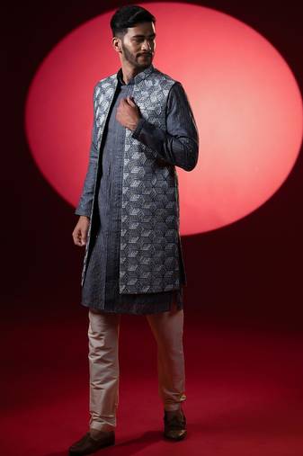 Grey embroidered long jacket kurta set
