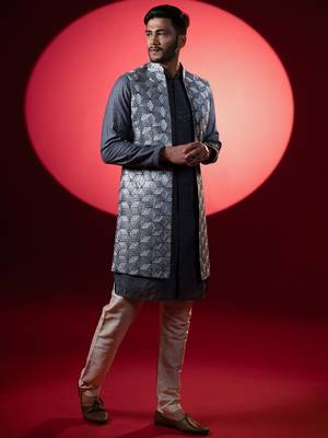 Grey embroidered long jacket kurta set 2