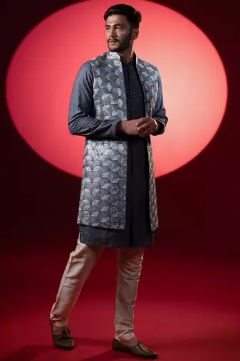 Grey embroidered long jacket kurta set
