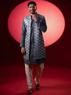 Grey embroidered long jacket kurta set 3