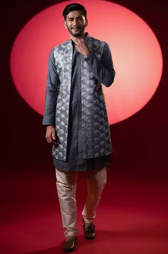 Grey embroidered long jacket kurta set
