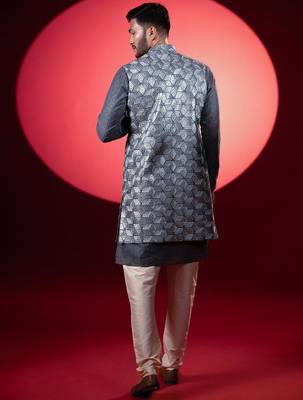 Grey embroidered long jacket kurta set 4