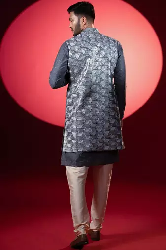 Grey embroidered long jacket kurta set