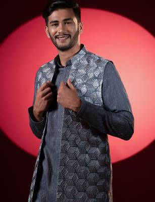 Grey embroidered long jacket kurta set 5