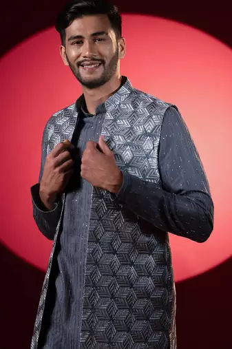 Grey embroidered long jacket kurta set