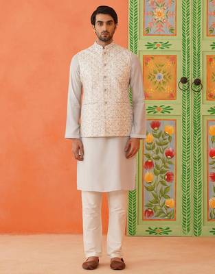 Cream embroidered jacket kurta set 1