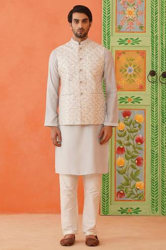 Cream embroidered jacket kurta set