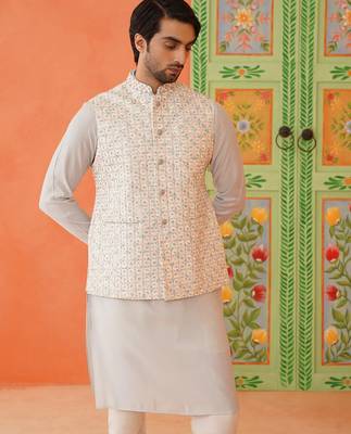 Cream embroidered jacket kurta set 2