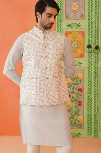 Cream embroidered jacket kurta set