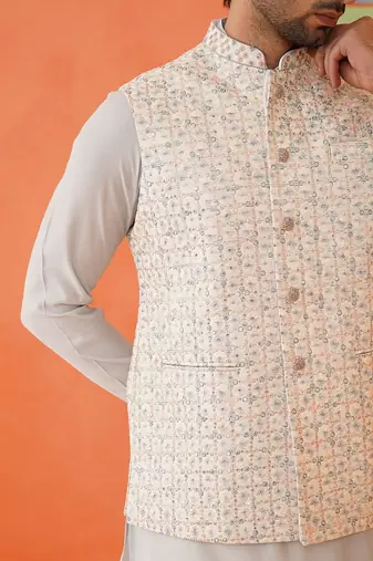 Cream embroidered jacket kurta set