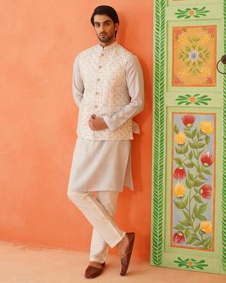 Cream embroidered jacket kurta set 4