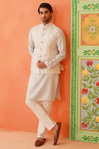 Cream embroidered jacket kurta set