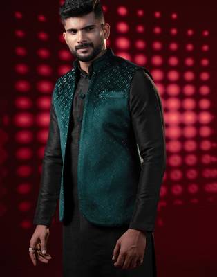 Bottle green lazer cut jacket kurta set 2