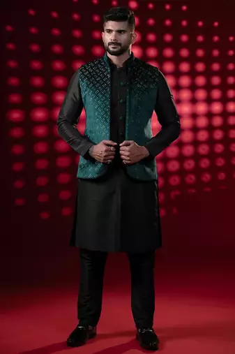 Bottle green lazer cut jacket kurta set