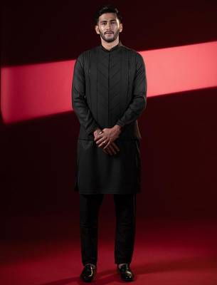 Black cotton pintux jacket kurta set 1