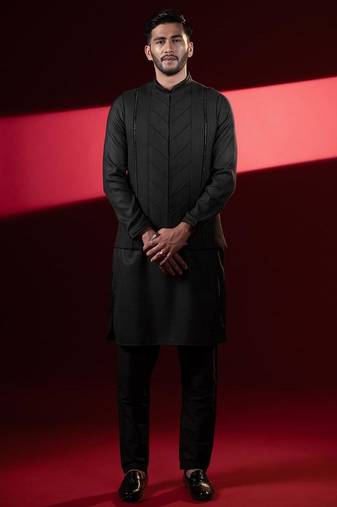 Black cotton pintux jacket kurta set