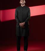 Black cotton pintux jacket kurta set