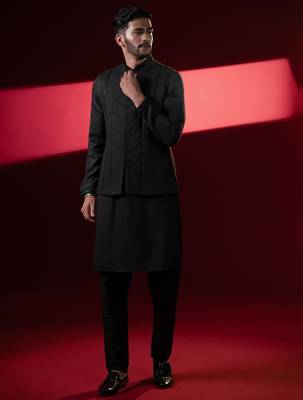 Black cotton pintux jacket kurta set 2