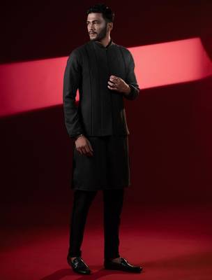 Black cotton pintux jacket kurta set 3