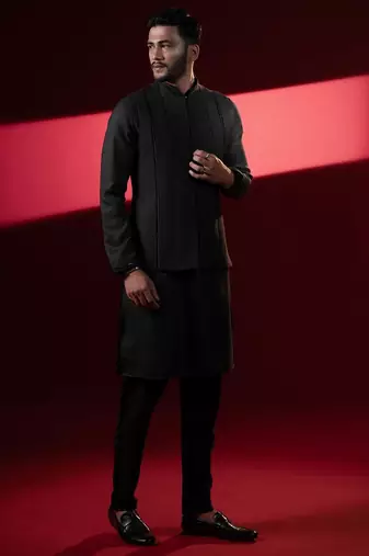 Black cotton pintux jacket kurta set