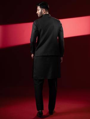 Black cotton pintux jacket kurta set 4